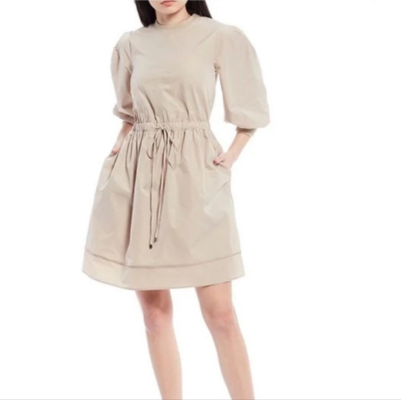 LDT Anna Khaki Drawstring Puff Sleeve Dress - Picture 7 of 9
